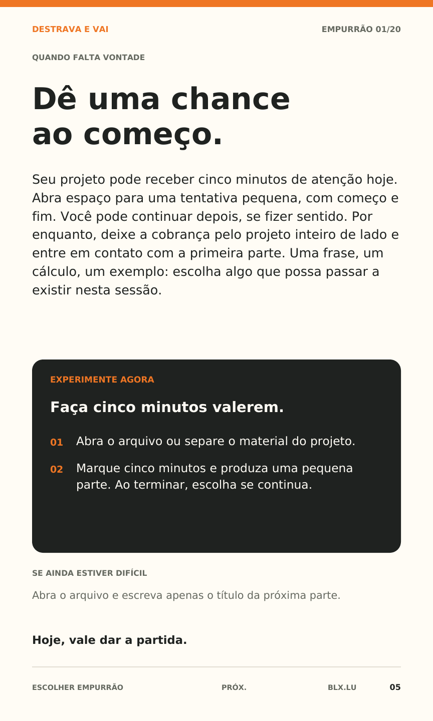 Página de empurrão com ação de cinco minutos