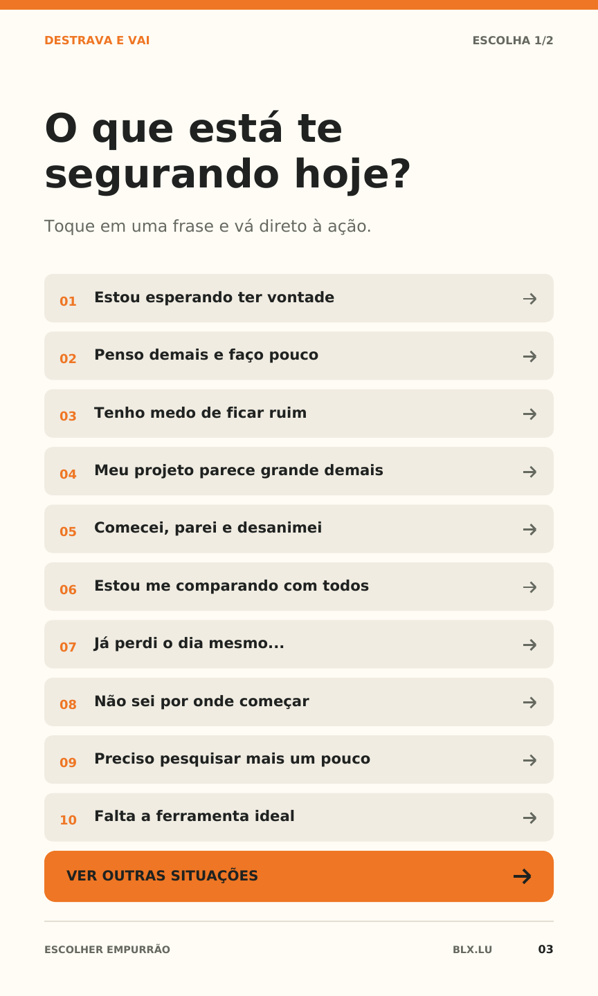 Página Escolha seu Empurrão com situações de procrastinação