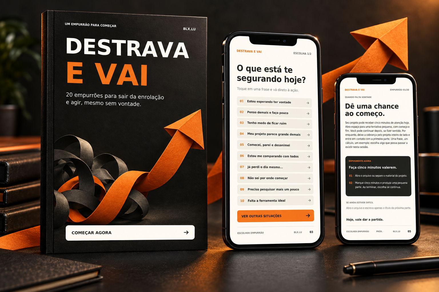 Guia Destrava e Vai e telas de celular que mostram situações de procrastinação e uma ação prática